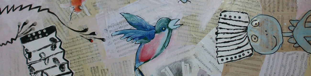 Partie d'une fresque lors d'un atelier enfants sur le monotype et le collage autour du thème de l'accordéon avec Sarah Guidoin